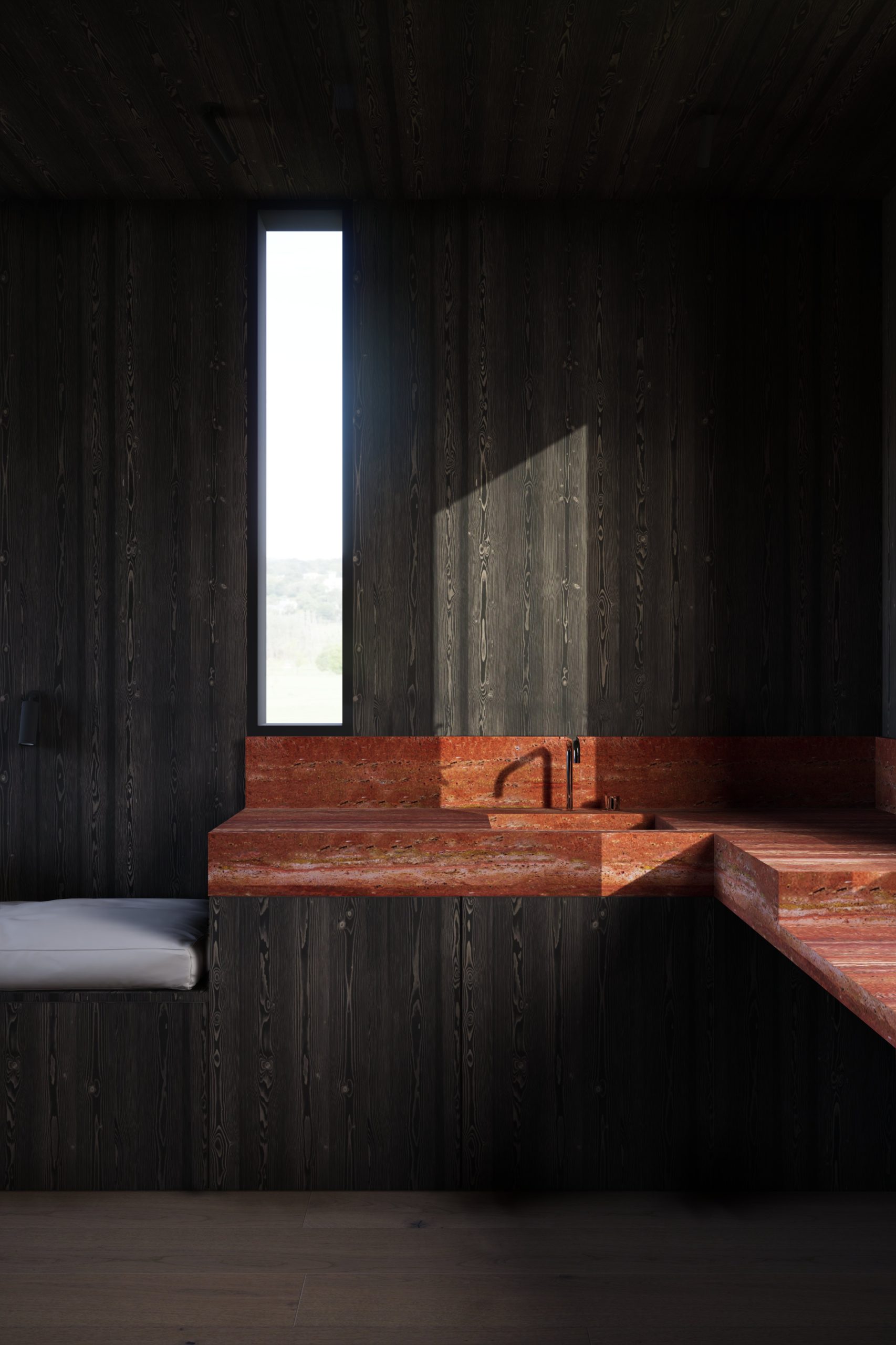 Basin in red travertine, narrow window