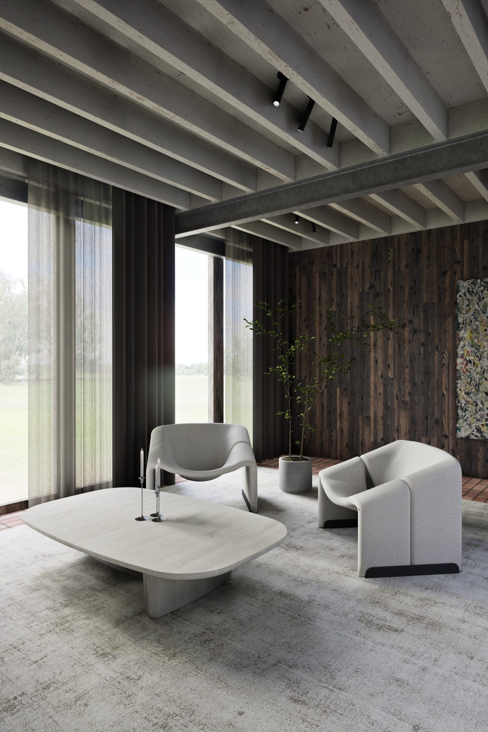 Leefzone, stoelen en salontafel in licht hout