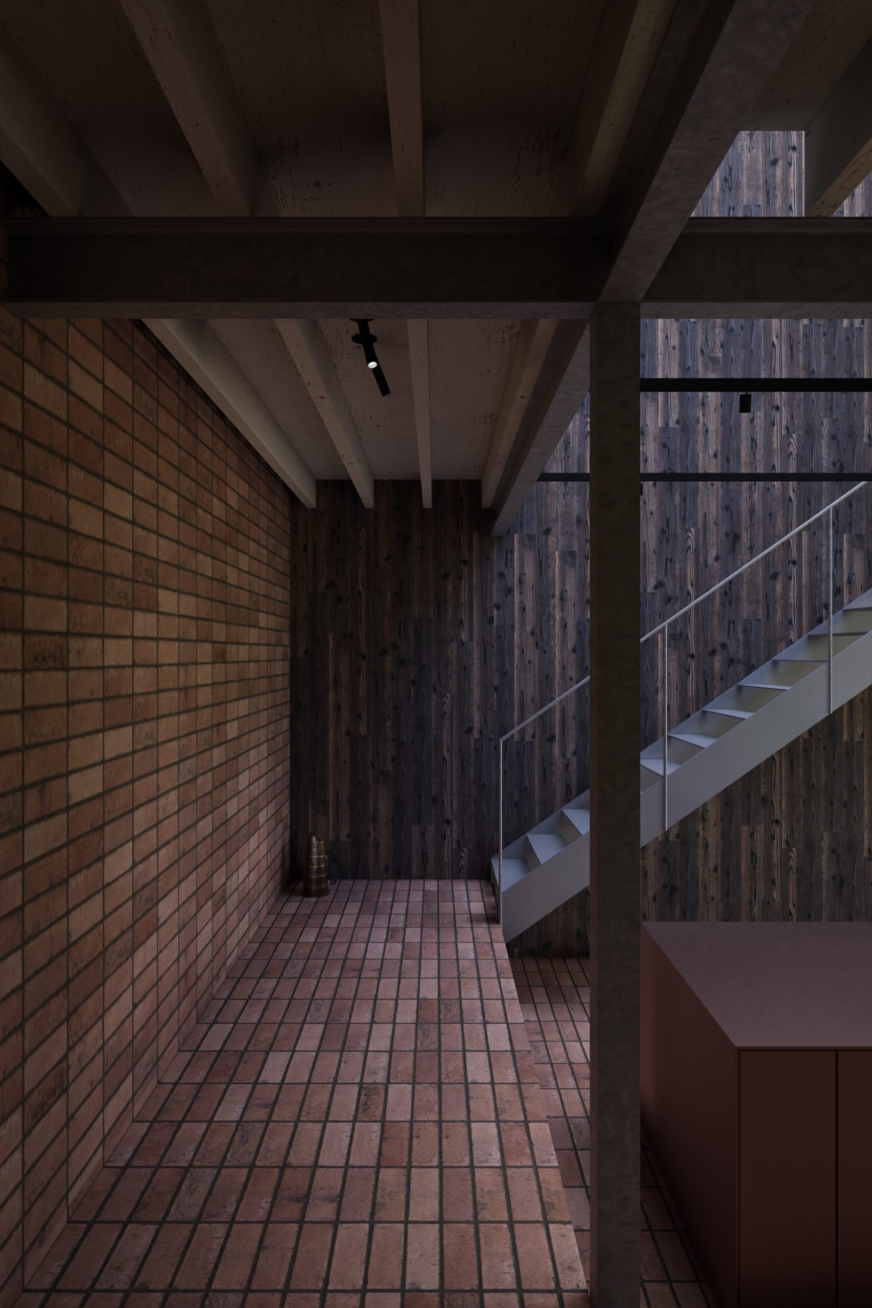 Donkere gang, terracotta en hout