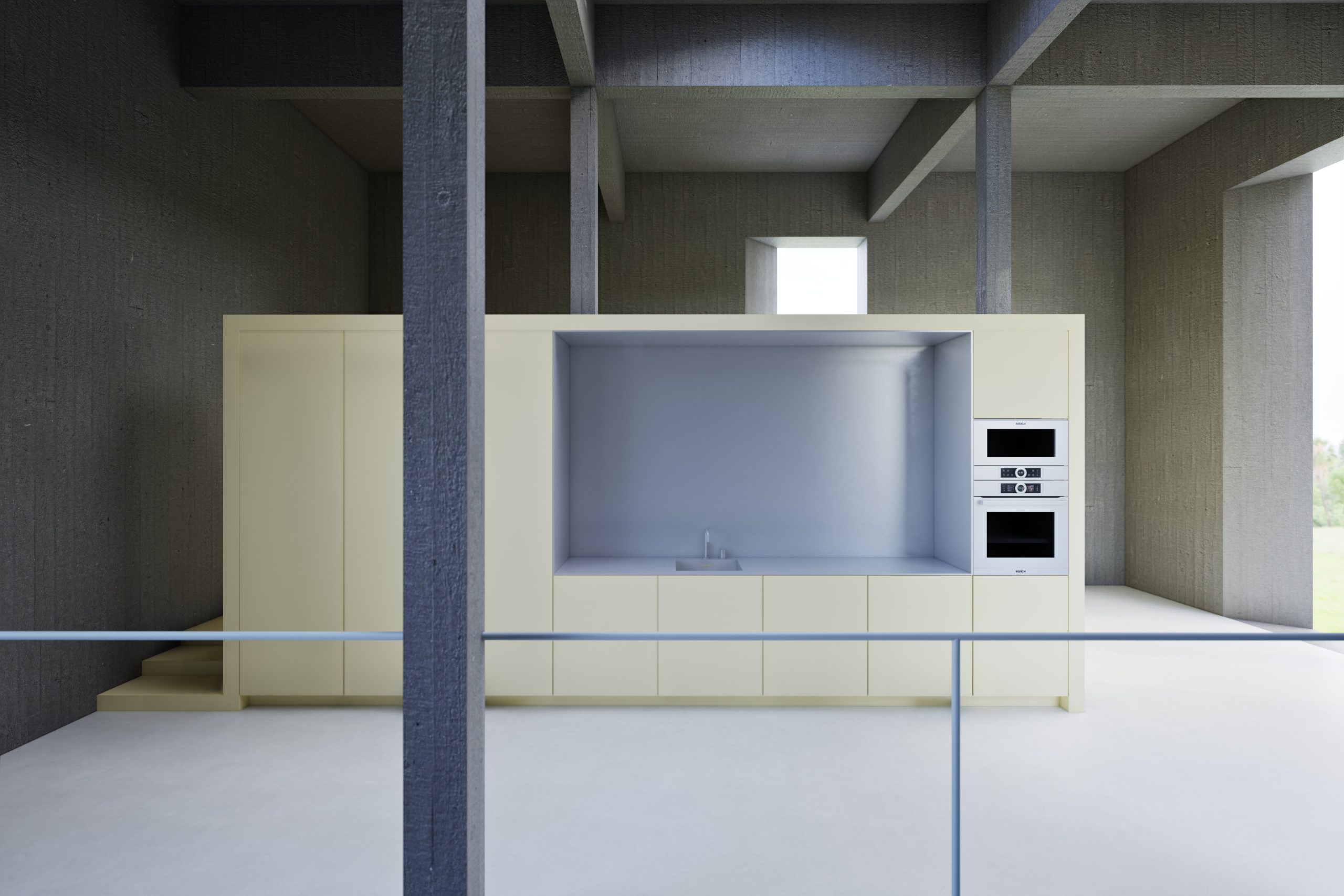 Keuken in geel mortex, ingebed in het betonnen casco