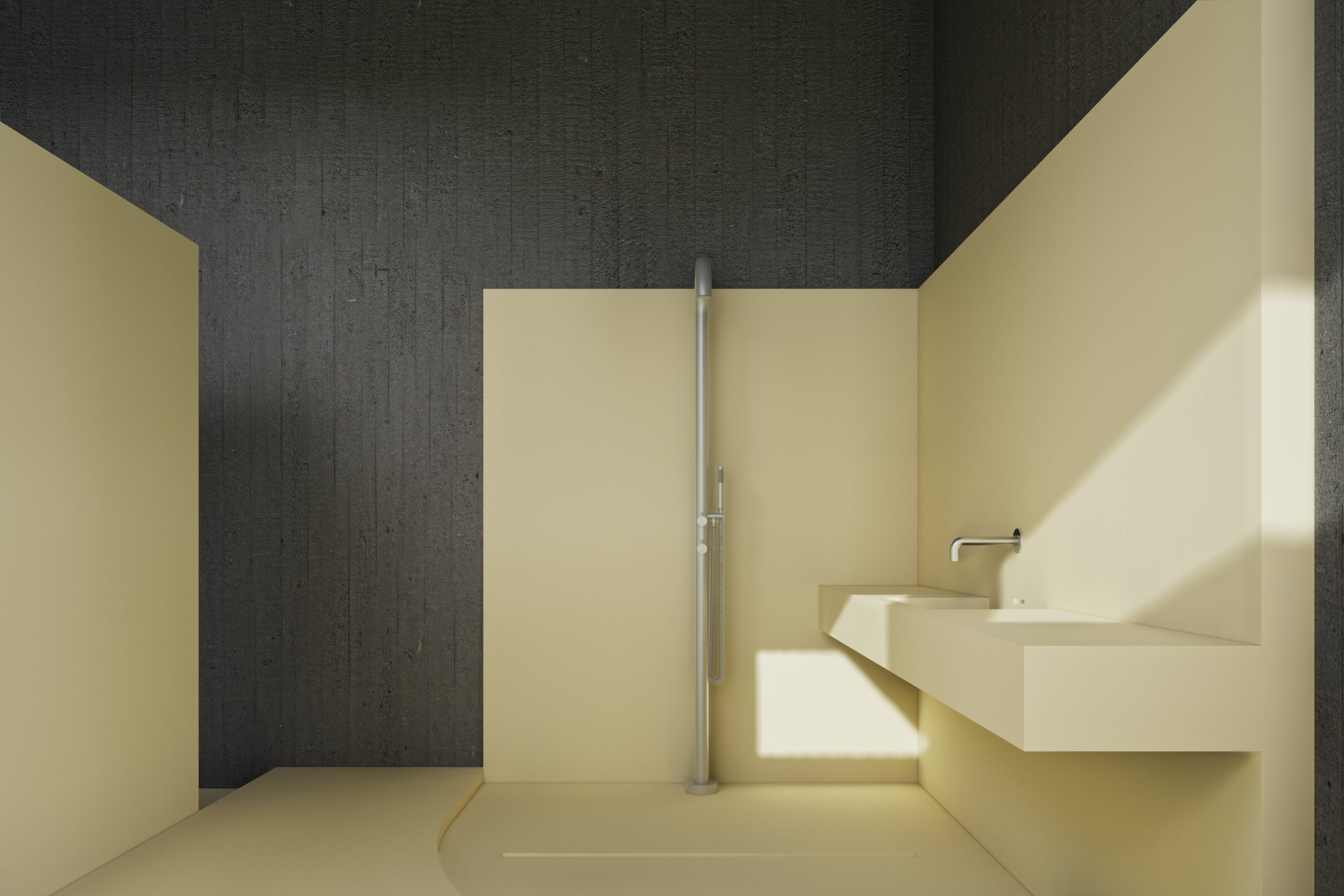 Badruimte in geel mortex met vrijstaande douche
